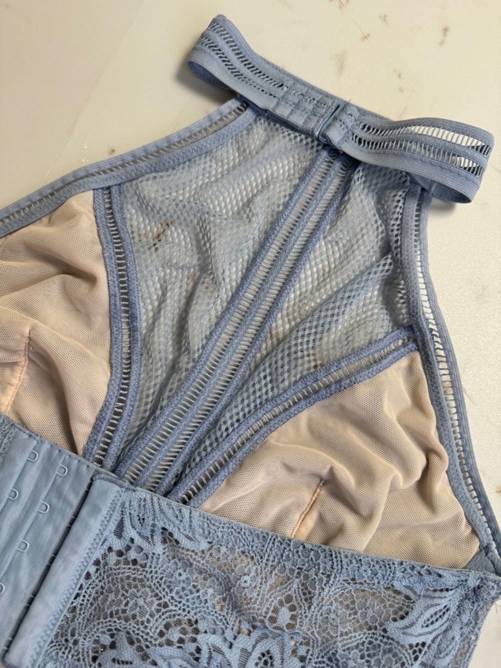 Victorias Secret High Neck Halter Top Baby Blue Sz M-L Festival Mesh Lace Eyelet - Picture 5 of 9